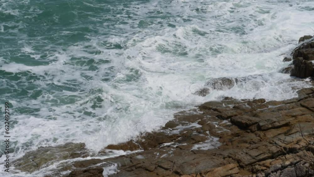 Sea waves on windy day. Storm on water. Wind weather or wild energy concept. Landscape background
