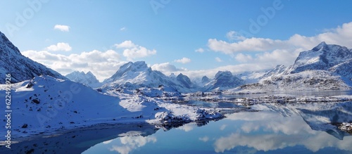Snow mountain with lakae view in winter season. 