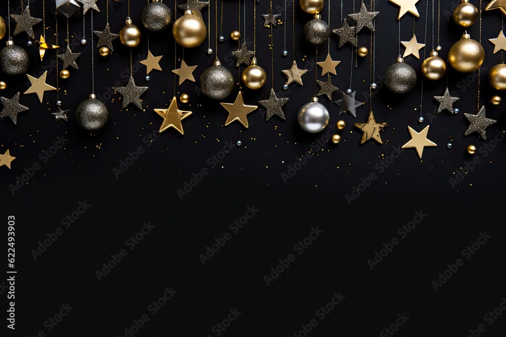 Christmas background with golden and silver decorations on black background with copy space Christmas background with golden and silver decorations on black background with copy space
