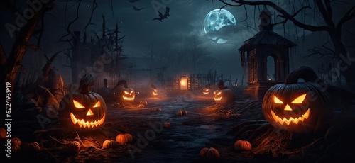 Halloween background with pumpkins in dark forest. 3d rendering