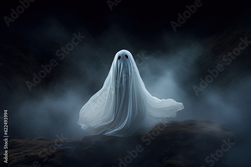 Ghost on the rock. Halloween concept. 3D Rendering.