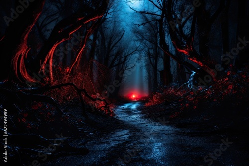 Dark forest road at night with fog and light. Halloween concept.