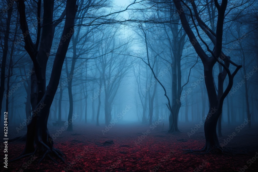 Mysterious dark forest in a foggy night. Halloween background