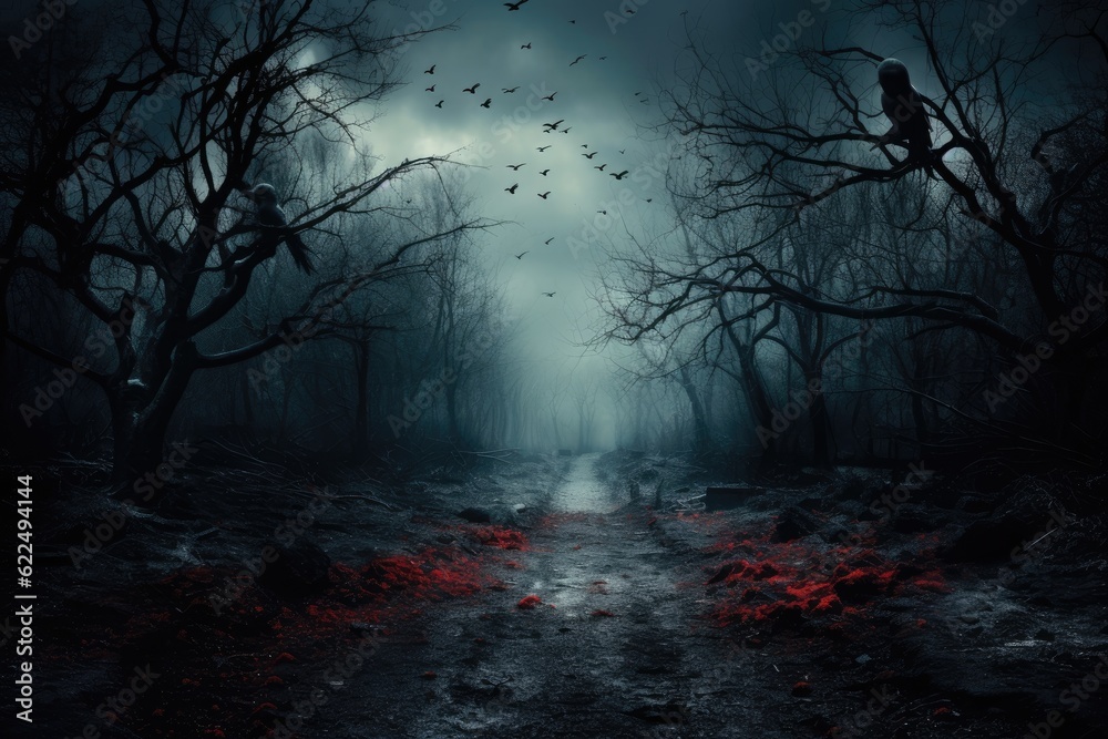 Fototapeta premium Scary halloween background with a path in the dark forest