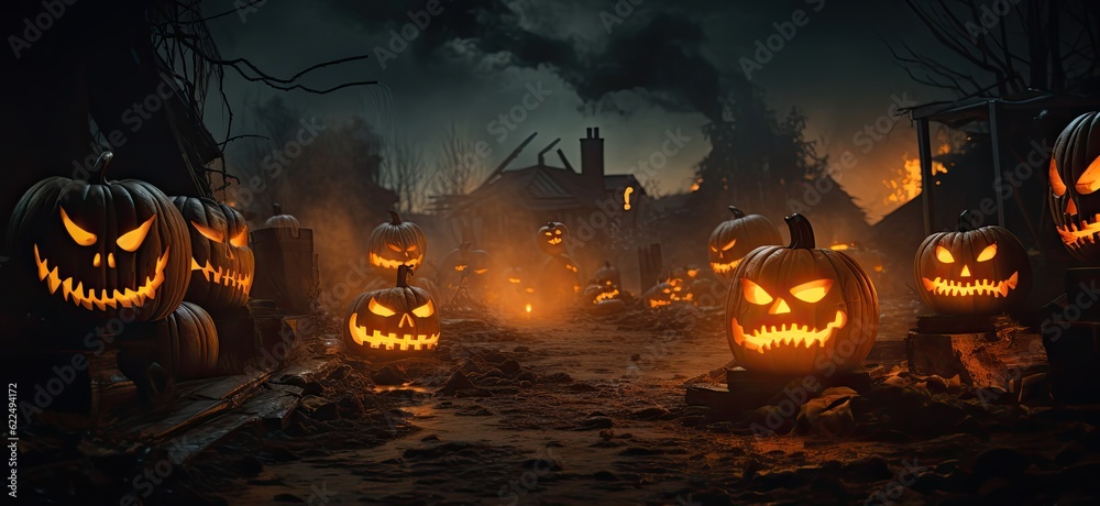Halloween pumpkins in the forest at night. 3D rendering