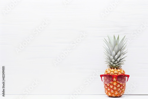 Pineapple with sunglasses on a white wooden background. Copy space.
