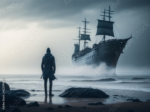 Man standing on a sandstone beach near the ocean looking at a ghost ship approaching the coast in a mist cloudly day. Generative AI
 photo