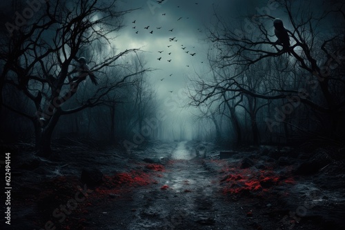 Scary halloween background with a path in the dark forest © Meow Creations