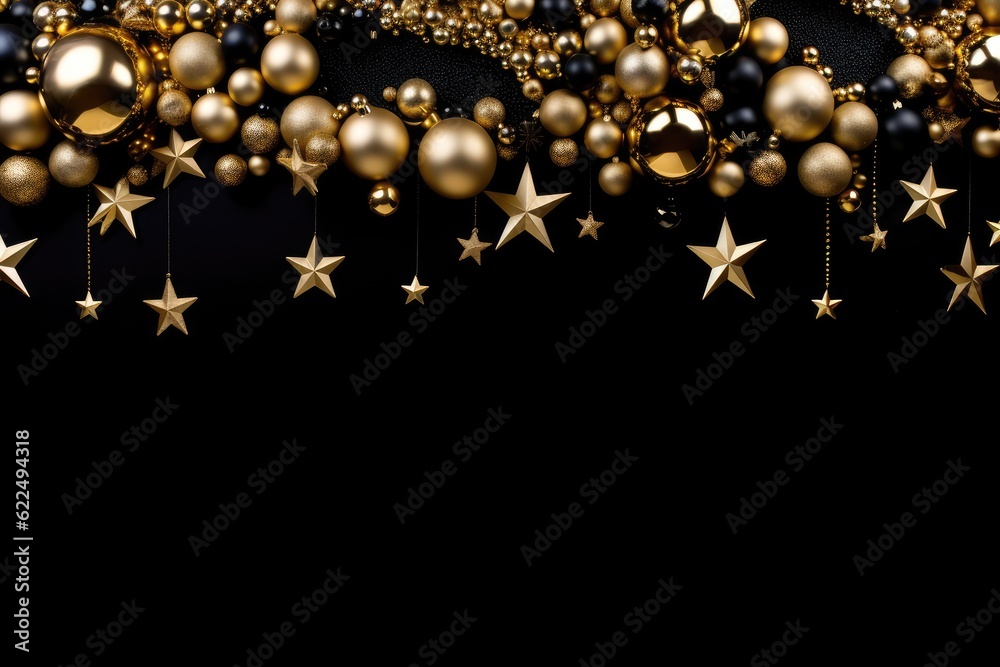 Christmas and New Year background with golden balls and stars on black. Christmas and New Year background with golden balls and stars on black.
