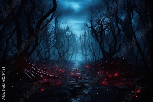 Halloween background with dark forest and glowing red lights, 3d render