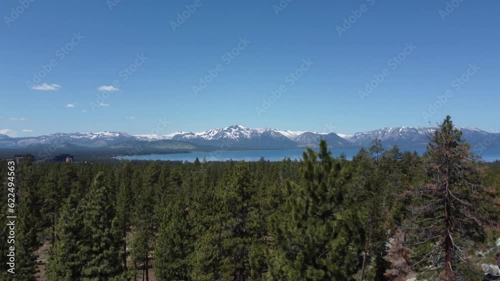 Forrest Trees Blue Sky and Aerial Reveal of Lake Tahoe with Mountain Range and Forest Landscape Forrest Trees Blue Sky and Aerial Reveal of Lake Tahoe with Mountain Range and Forest Landscape