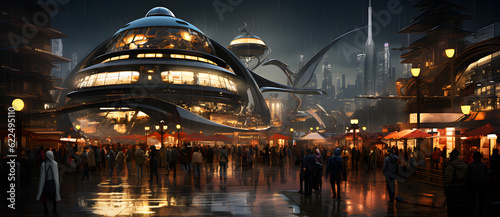 the scene depicts people outside of a huge futuristic structure at night Generated by AI