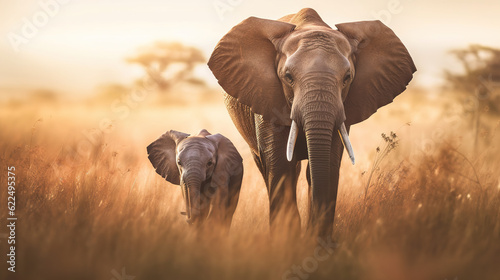 elephant in the sunset with its kid