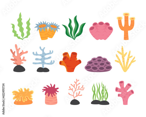 Set of coral and sea plants element flat design illustration