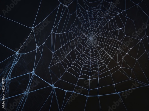 Real creepy spider webs on black background. Generative AI  © Diatomic
