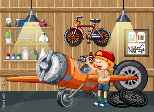 A plame parking at hangar with kid around