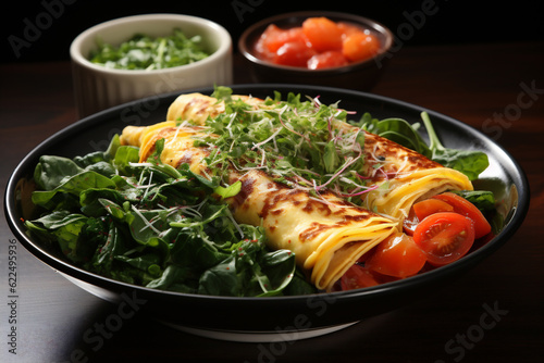 American breakfast big omelette with tomatoes, mushrooms and herbs on white ceramic plate on black stone background. Healthy breakfast. Selective focus. Copy space. AI Generative