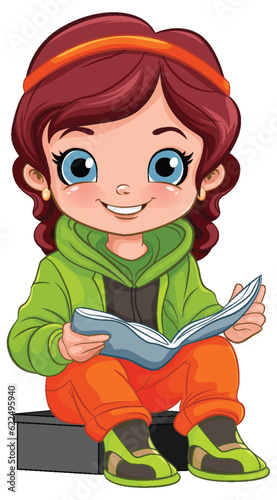 Girl cartoon reading book isolated