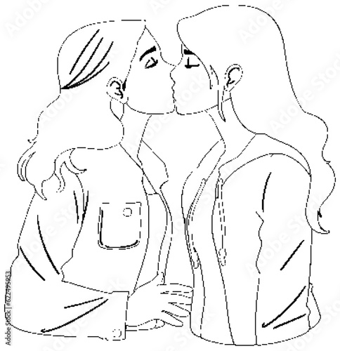 A lesbian couple kissing doodle outline