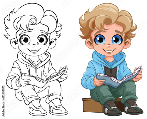 Boy sitting and reading the book  and its outline