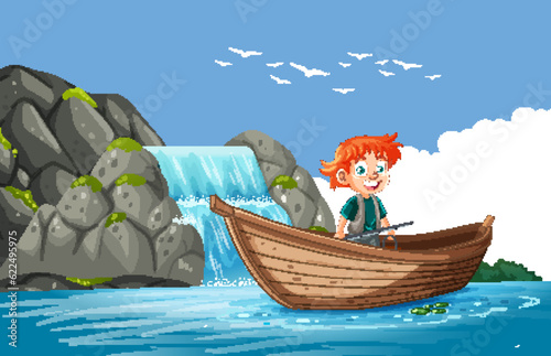 Boy fishing in nature with waterfall on background