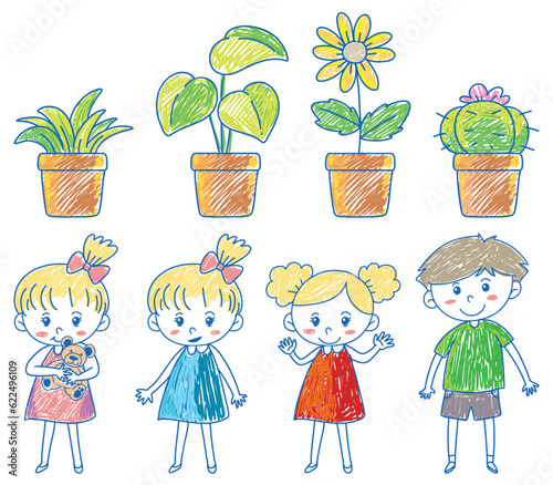 Set of children and plant in pot scribble style photo