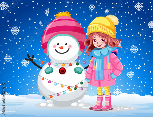 Girl building snowman outdoor
