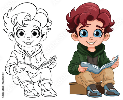 Boy sitting and reading the book  and its outline