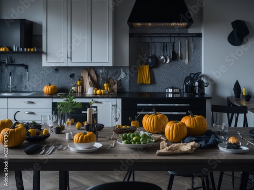 Nordic kitchen in an apartment with pumpkins on the table, halloween table. Generative AI
