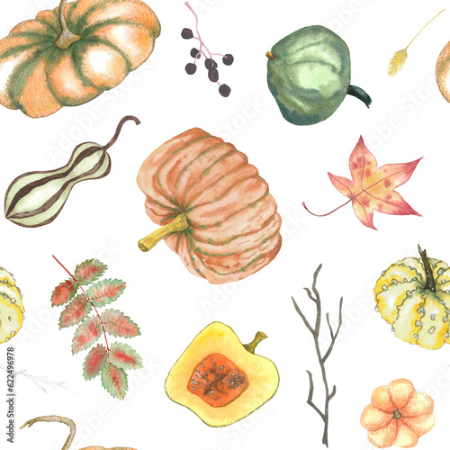 Pumpkins and leaves watercolor seamless pattern with pumpkin  stick  rose hip  abstract herbs  for background  decoration  textile  banner.