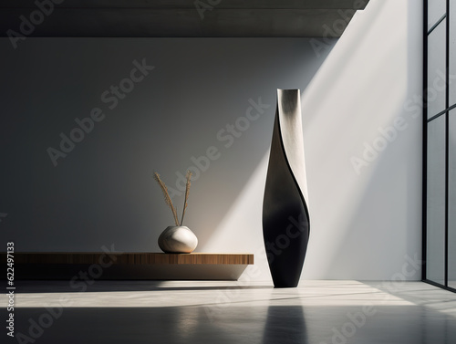 Fototapeta Naklejka Na Ścianę i Meble -  Modern and sophisticated futuristic and expensive vase design. Vase carved in two tones in wood. Exclusive and luxurious plant pot. Realistic 3D illustration. Generative AI