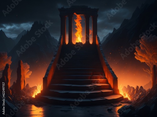 The eternal fire, dark atmospheric landscape with stairs to ancient columns and font of fire. Generative AI 