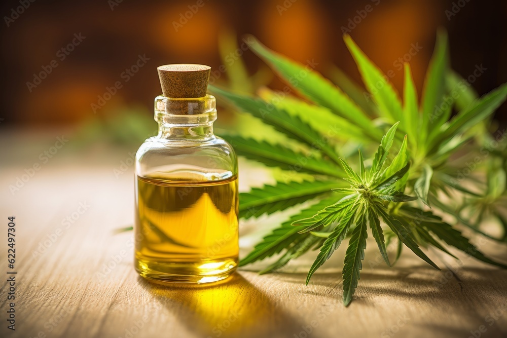 Hemp oil with seeds and cannabis plant on wooden board. Hemp oil with seeds and cannabis plant on wooden board.