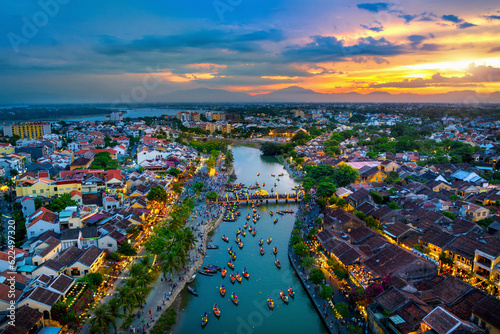 Hoi An ancient town and Hoai river in twilight, Vietnam.