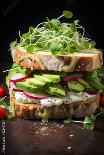 Superfood avocado sandwich with whole grain bread,  radishes and pea shoots on wood board.
