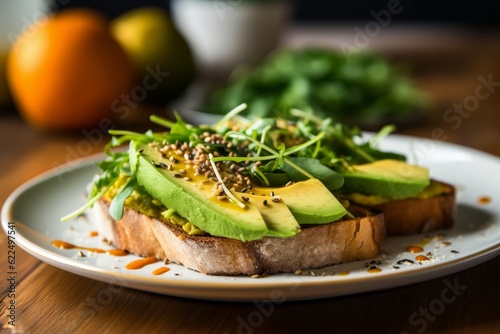 Superfood avocado toast with whole grain bread shoots on wood board.