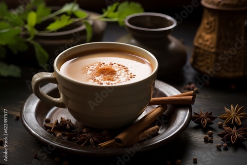 Indian Masala chai tea. Traditional Indian hot drink with milk and spices on dark background close up.