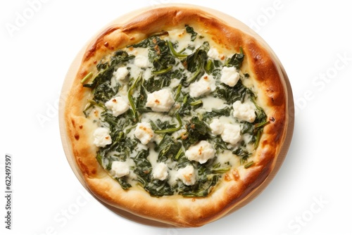 Vegetarian spinach pie or tart with feta cheese on white background. Top view.