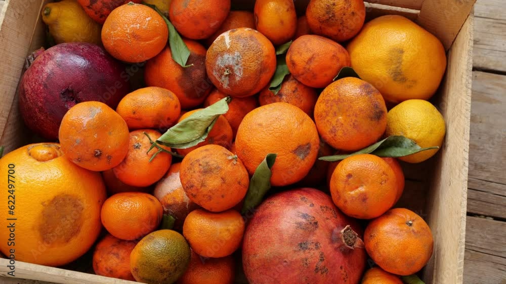 Spoiled rotten moldy citrus fruits tangerines pomegranates oranges. Spoilage, expiration date of fruit