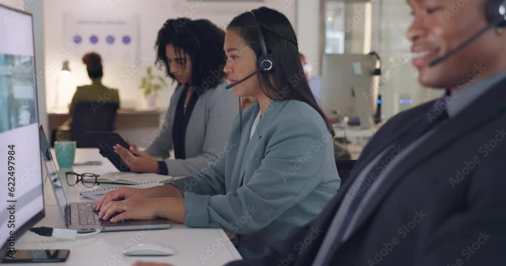 Call center, team and typing on computer with a headset for customer service, advice or chat. Women and man consultant coworking for telemarketing, technical support or crm help desk and working late Call center, team and typing on computer with a headset for customer service, advice or chat. Women and man consultant coworking for telemarketing, technical support or crm help desk and working late