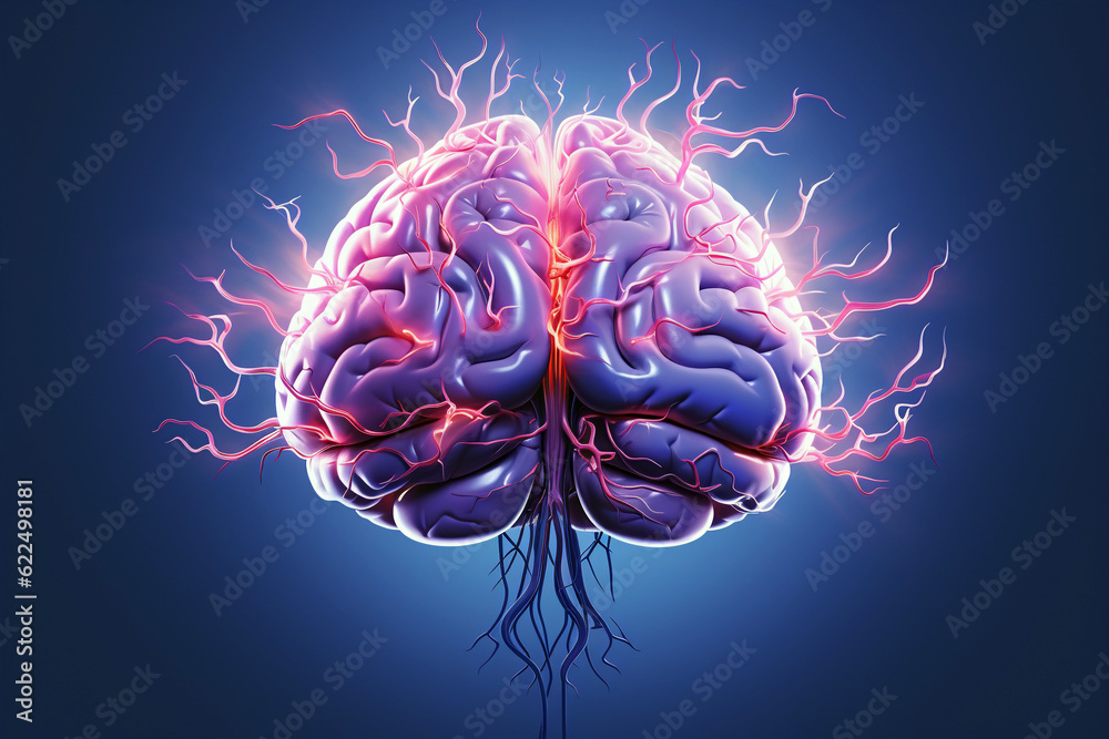 Human brain with thunderbolt on blue background Human brain with thunderbolt on blue background