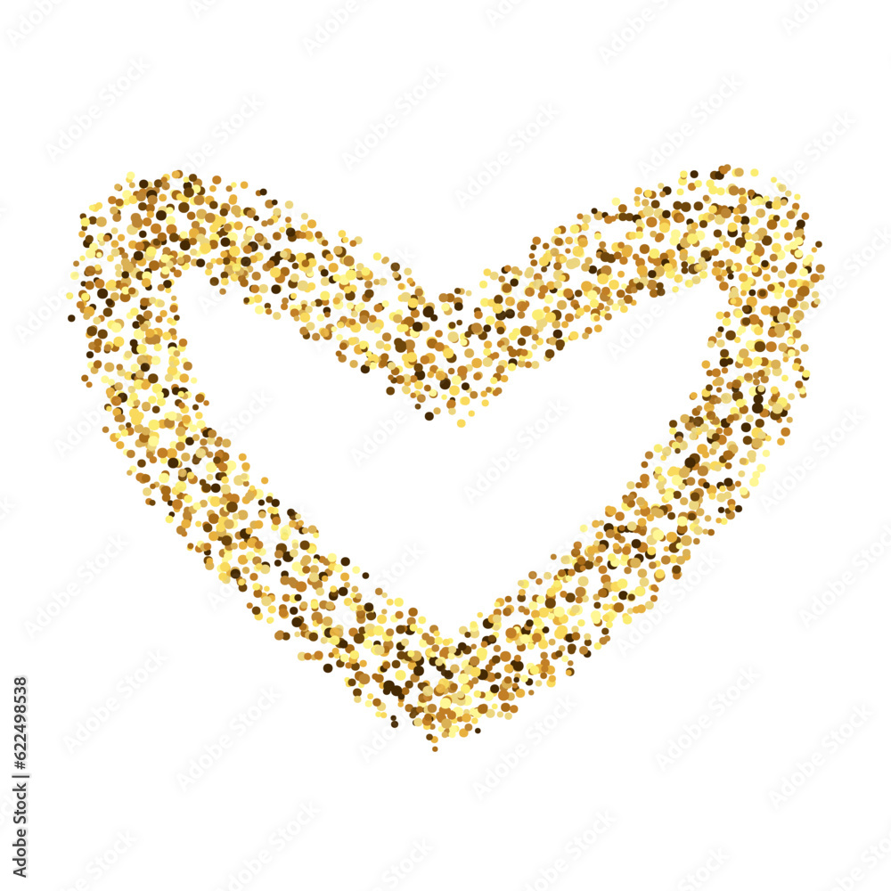 Golden confetti heart shape. Glowing dotted love background. Simple gold dots border. Sparkling halftone valentines decoration element. Vector illustration Golden confetti heart shape. Glowing dotted love background. Simple gold dots border. Sparkling halftone valentines decoration element. Vector illustration