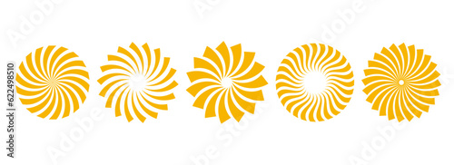 Golden curled sunburst collection. Stylized radial spinning elements. Yellow geometric round twisted rays, beams or stars pack. Vector circles concept symbols for banner, badge, sticker, poster