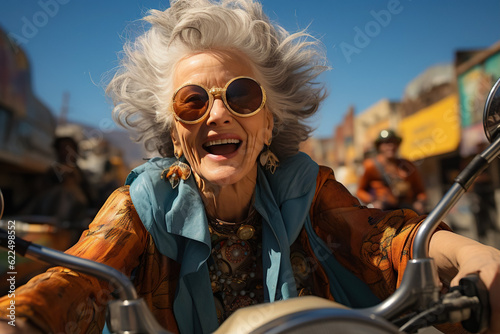 Modern, Stylish, Fashionable Grandmother. Joyful Active Lifestyle, Fashion for the Elderly, Elegance, Vitality and Health in Old Age. Generative AI. © overlays-textures