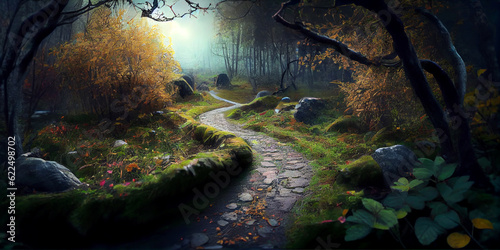 Picturesque winding forest path in the evening light. Generative AI