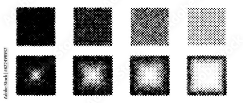 Halftone gradient square shapes set. Dotted textured cubes collection. Round fading gradient in comic and pop art style. Black design elements bundle. Pixelated background pack. Vector