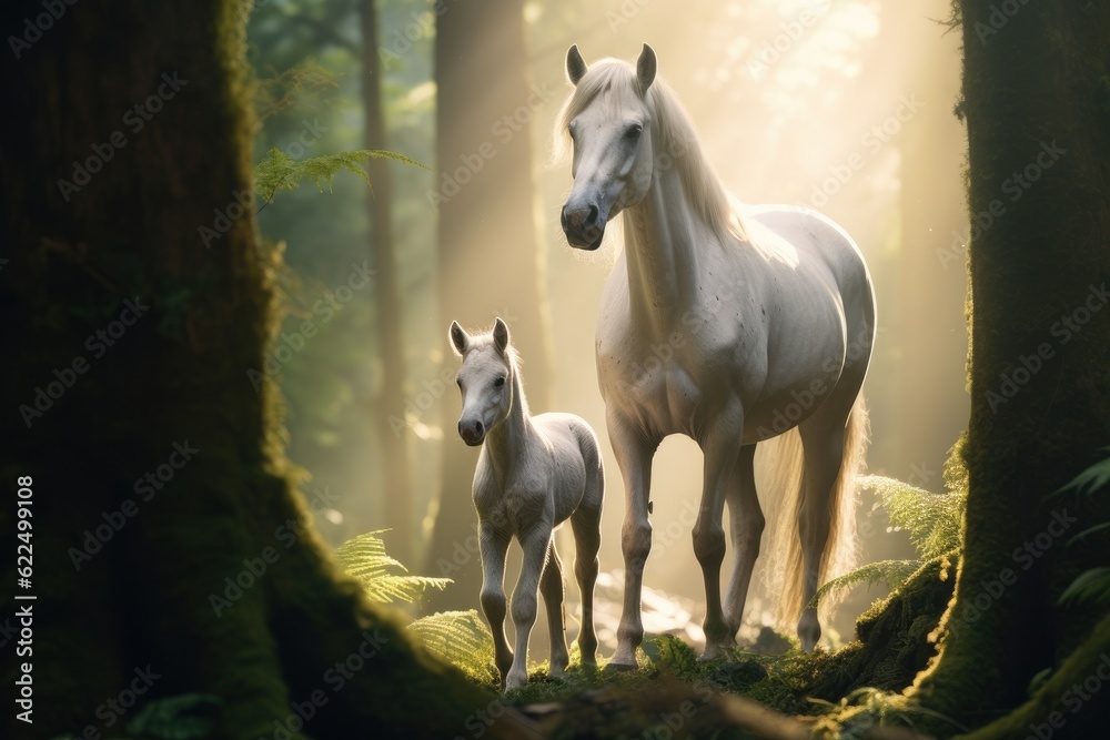 A white mare and her calf majestically in a magical rainforest A white mare and her calf majestically in a magical rainforest