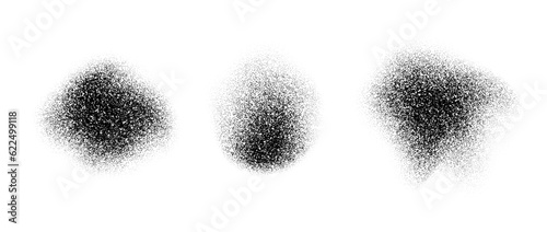 Abstract fluid stippled gradients stains. Noise grain texture shapes set. Black dotted spray splashes and sand dust spots. Dotwork elements and halftone splatter forms collection. Vector