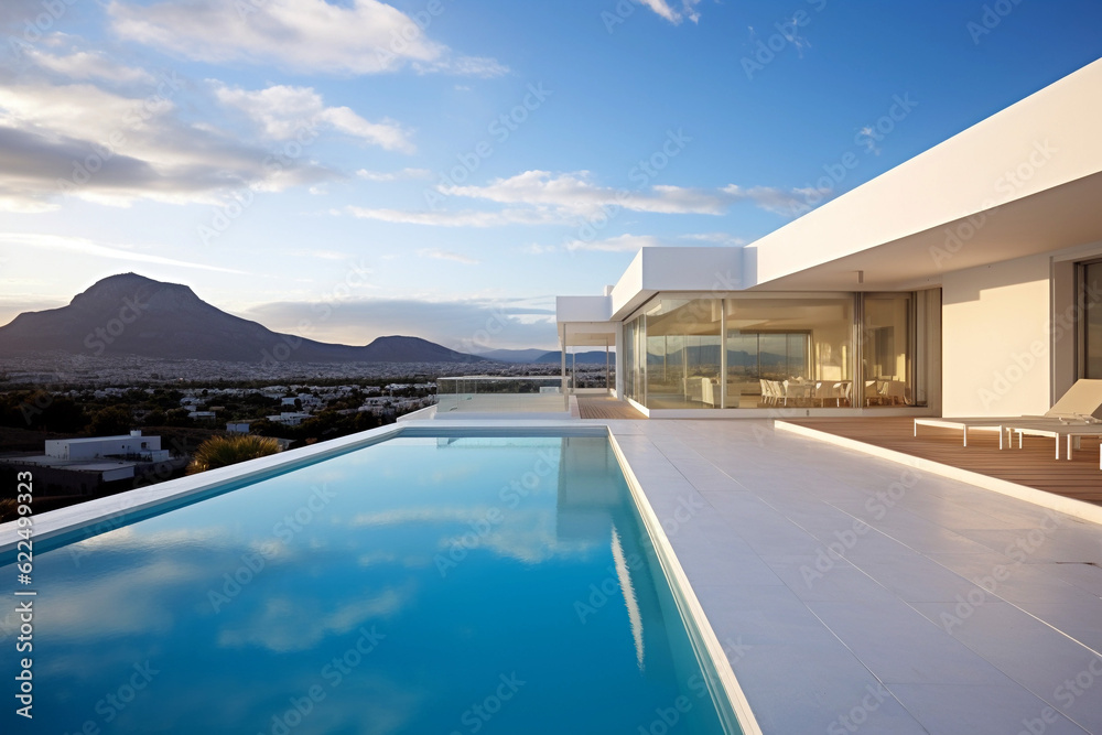 Modern villa with swimming pool and mountain in the background