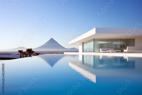 Modern villa with swimming pool and mountain in the background